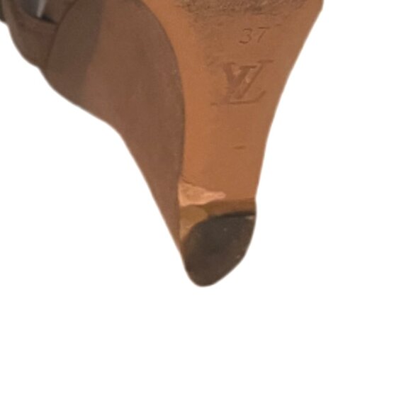Louis Vuitton Camel Suede Wedge Ankle Wrap Sandals Gold LV Buckle Size 37 (US 7) - Picture 14 of 14